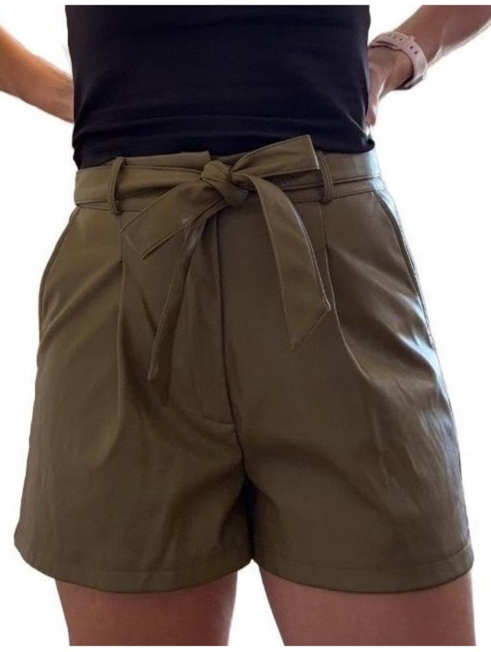 High-Waisted Faux Leather Olive Green Shorts with Belt